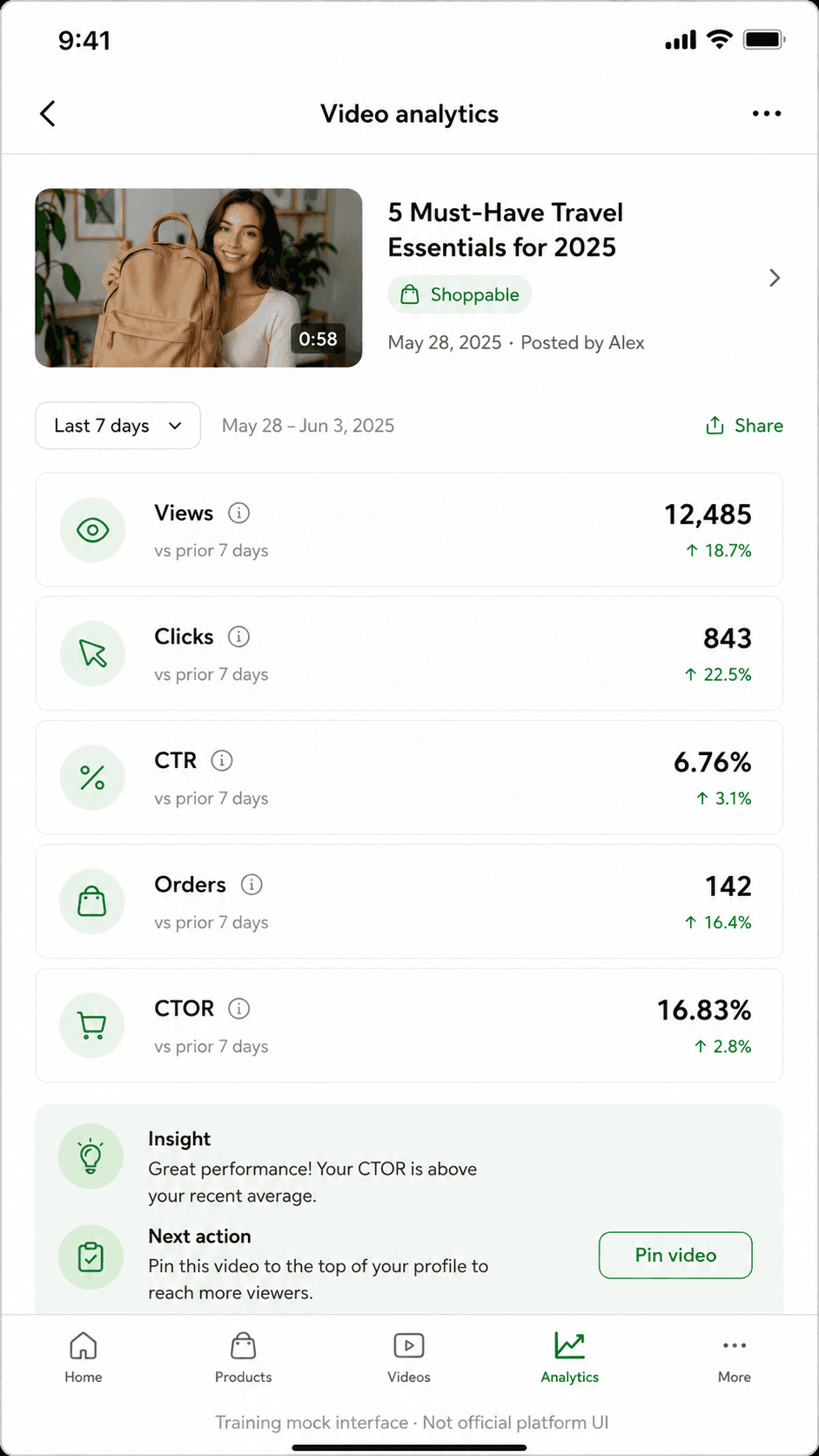 Non-official mobile training mock of a single-video analytics detail screen with views, clicks, CTR, orders, CTOR, insight, and next action.