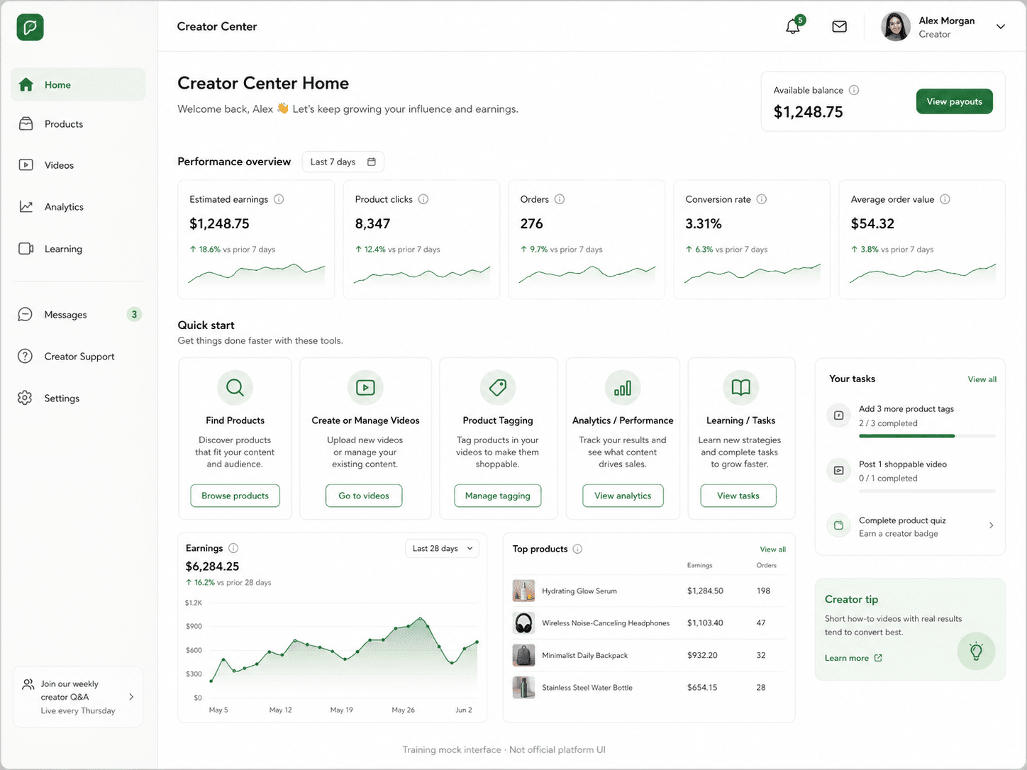Non-official desktop training mock of a creator-center home screen with Products, Videos, Analytics, and Learning navigation.