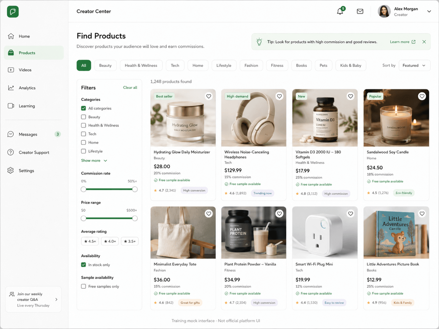 Non-official desktop training mock of a product discovery browse screen with product cards and filters.