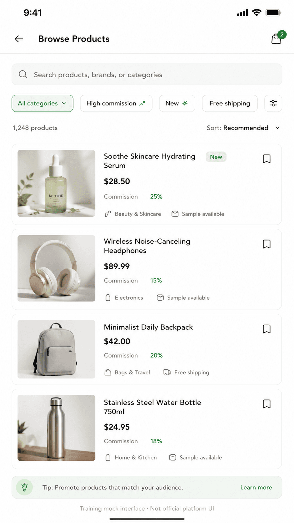 Non-official mobile training mock of a product discovery browse screen with stacked product cards.