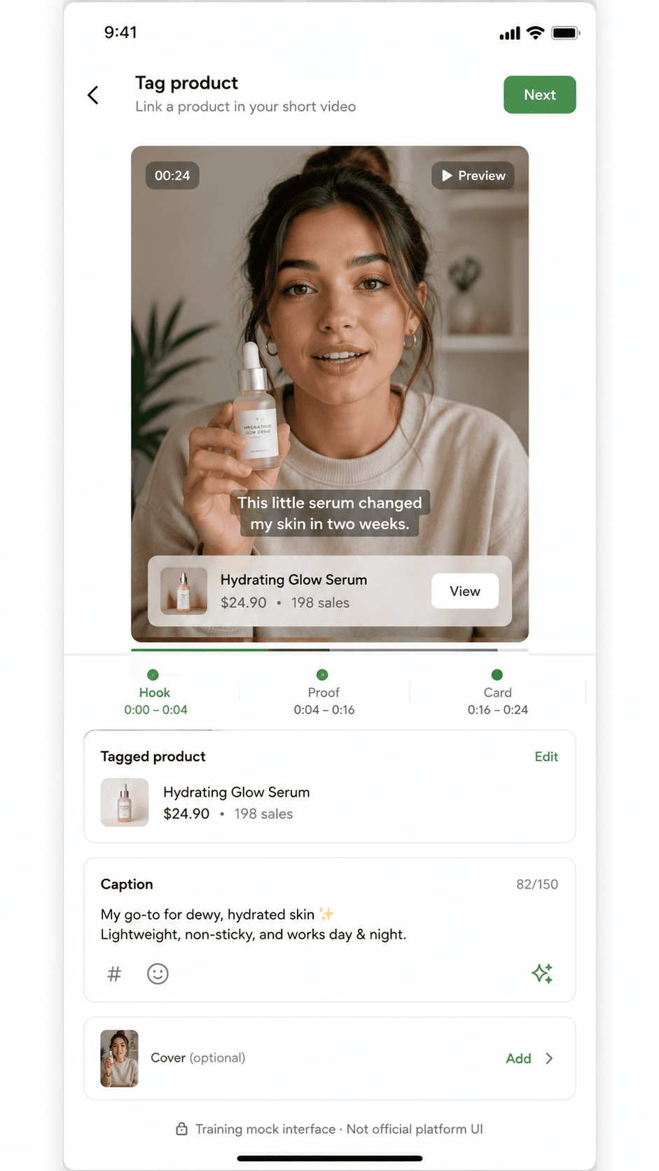 Non-official mobile training mock of a product tagging screen with video preview, tagged product card, timeline, and caption area.