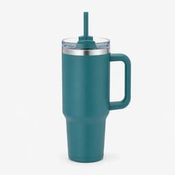 Teal insulated tumbler with a clear lid, straw, and handle.