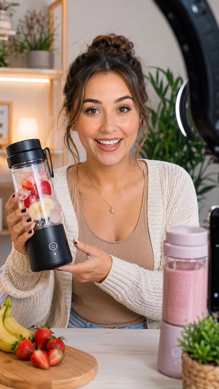 Creator holding a portable blender in a home LIVE setup.